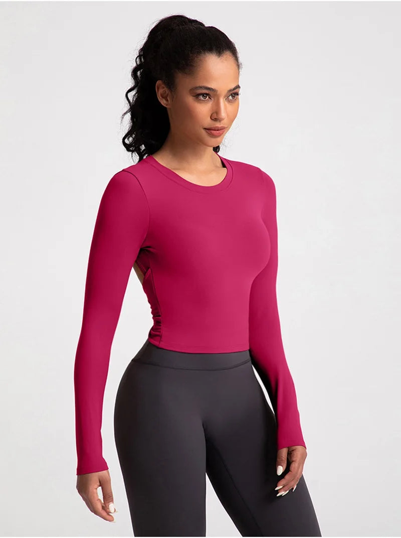Xooie Fit Backless Long Sleeve Workout Crop Top in Fuchsia with a Stylish Design for Activewear