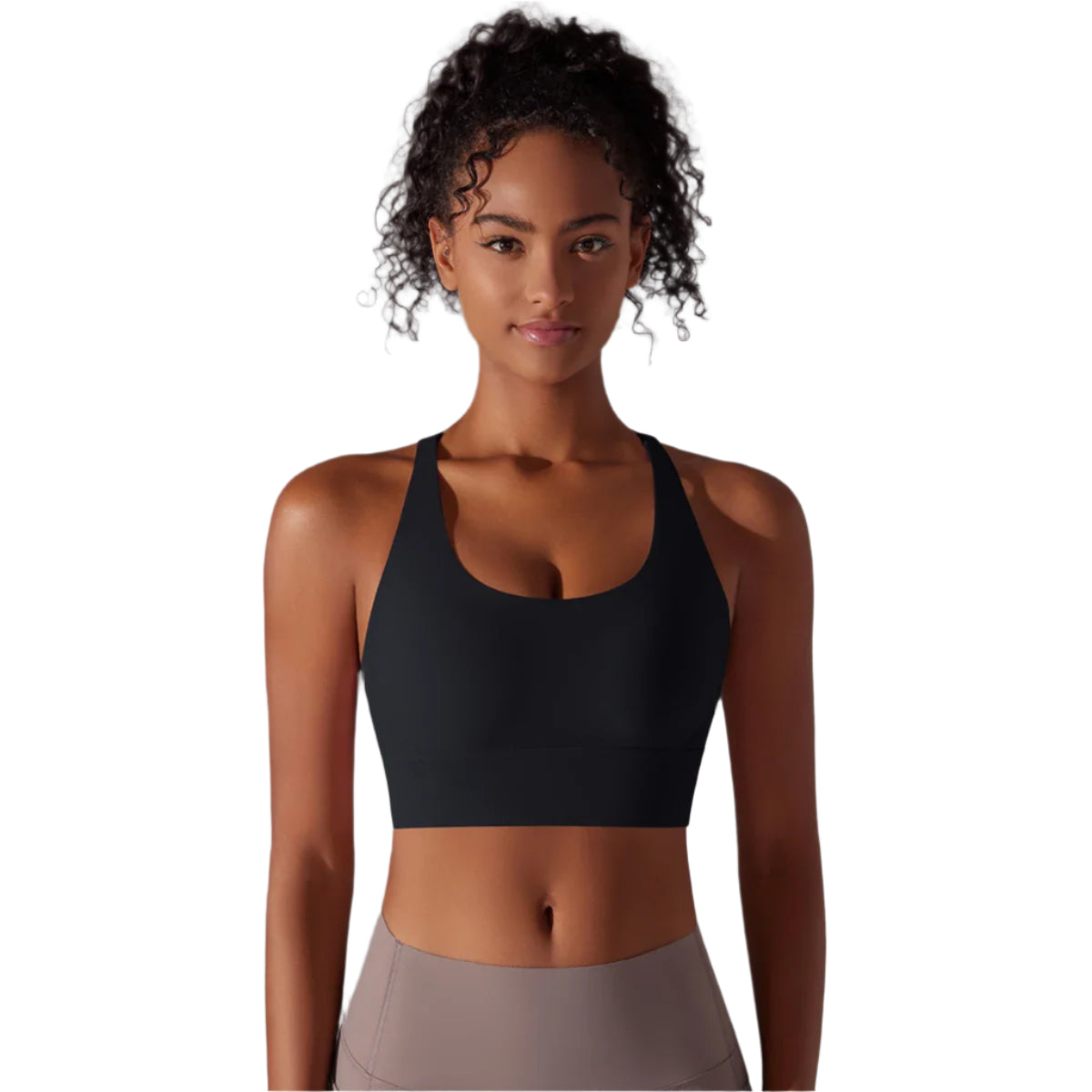 Xooie Fit criss-cross back sports bra in black for comfort and support during workouts