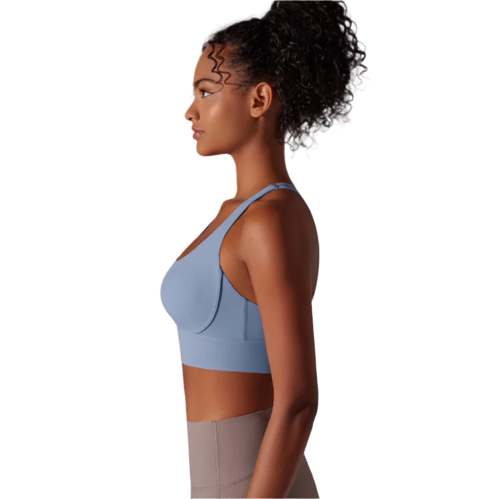 Xooie Fit comfortable criss-cross back sports bra in blue, ideal for active wear and workouts