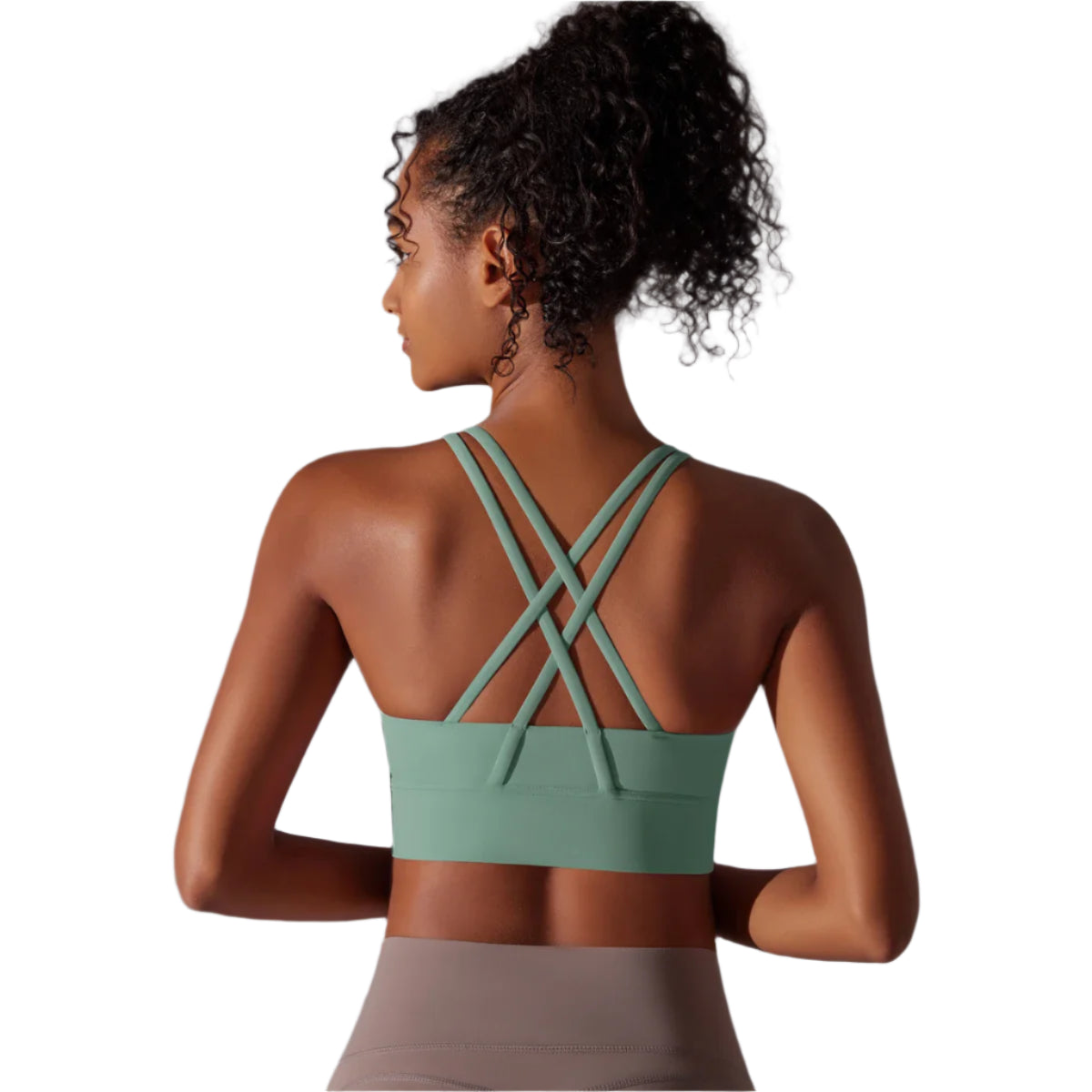 Xooie Fit criss-cross back sports bra in green, designed for comfort and support during workouts