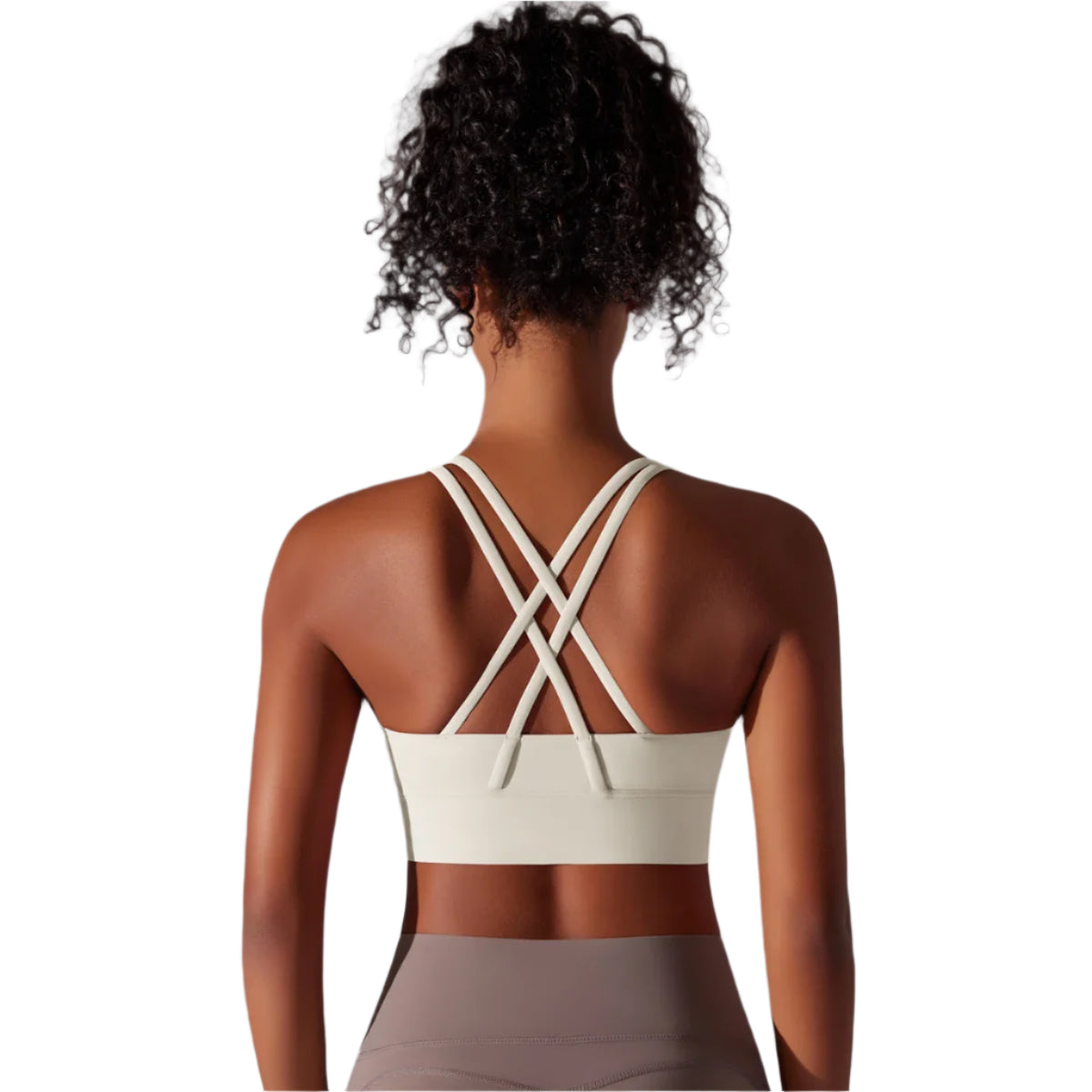 Xooie Fit criss-cross back sports bra in light beige with stylish adjustable straps