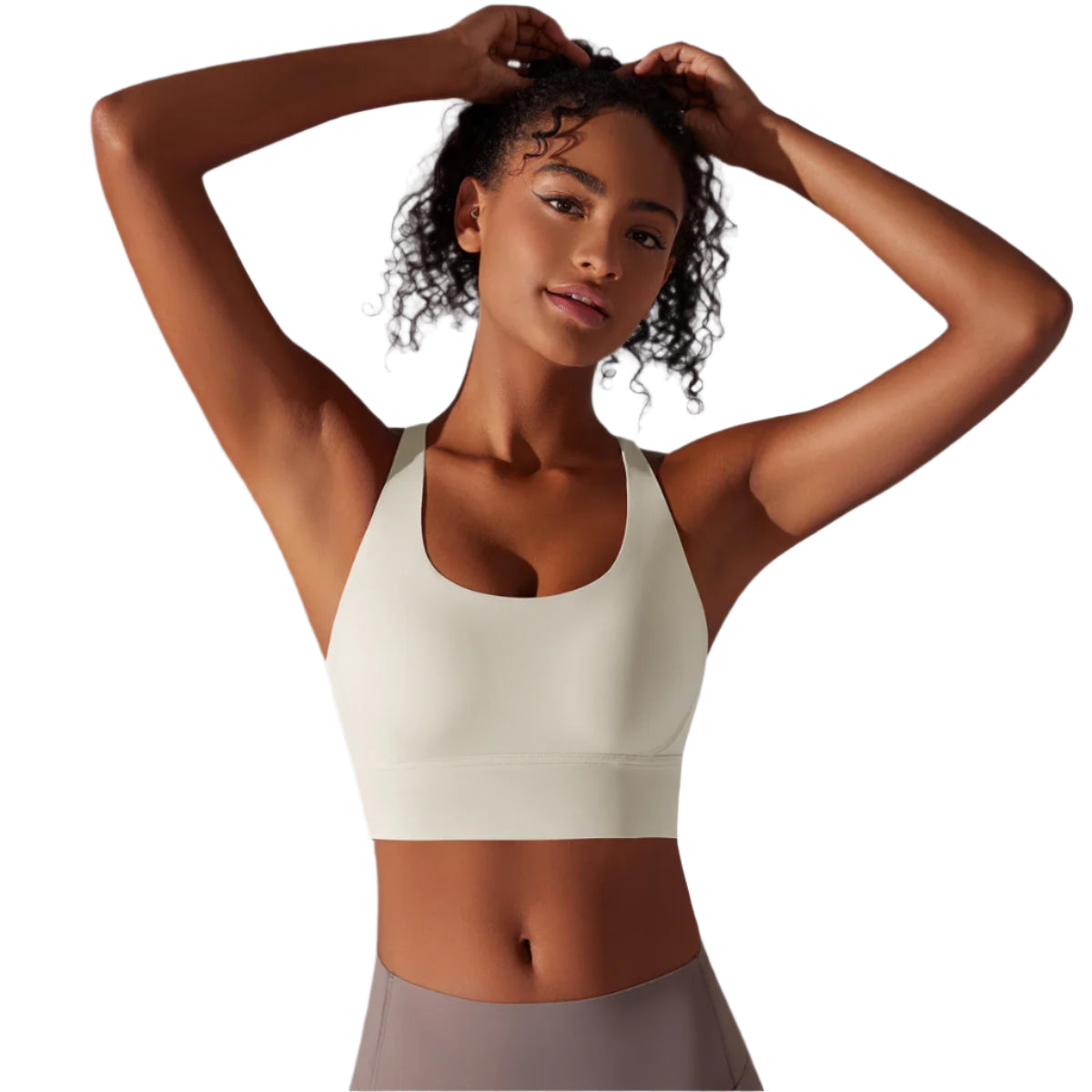 Xooie Fit criss-cross back sports bra in light color for comfortable support during workouts