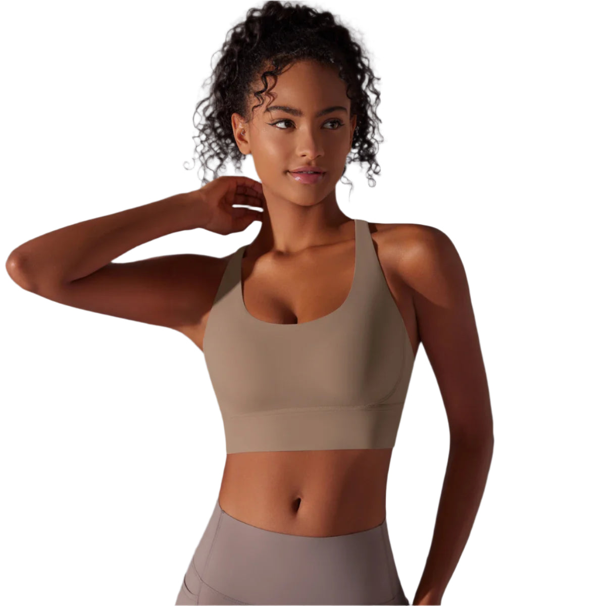 Xooie Fit criss-cross back sports bra in tan, perfect for active comfort and support during workouts