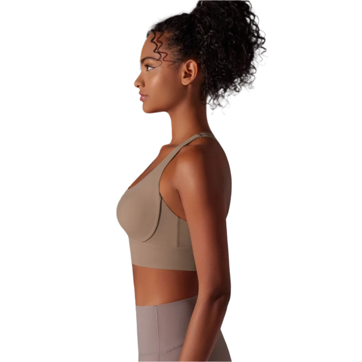 Xooie Fit criss-cross back sports bra in taupe for stylish and supportive workouts