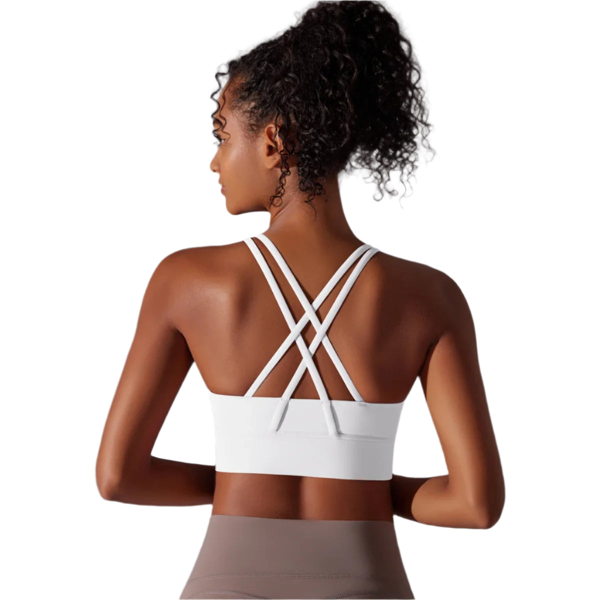 Xooie Fit criss-cross back sports bra in white, perfect for activewear and workouts