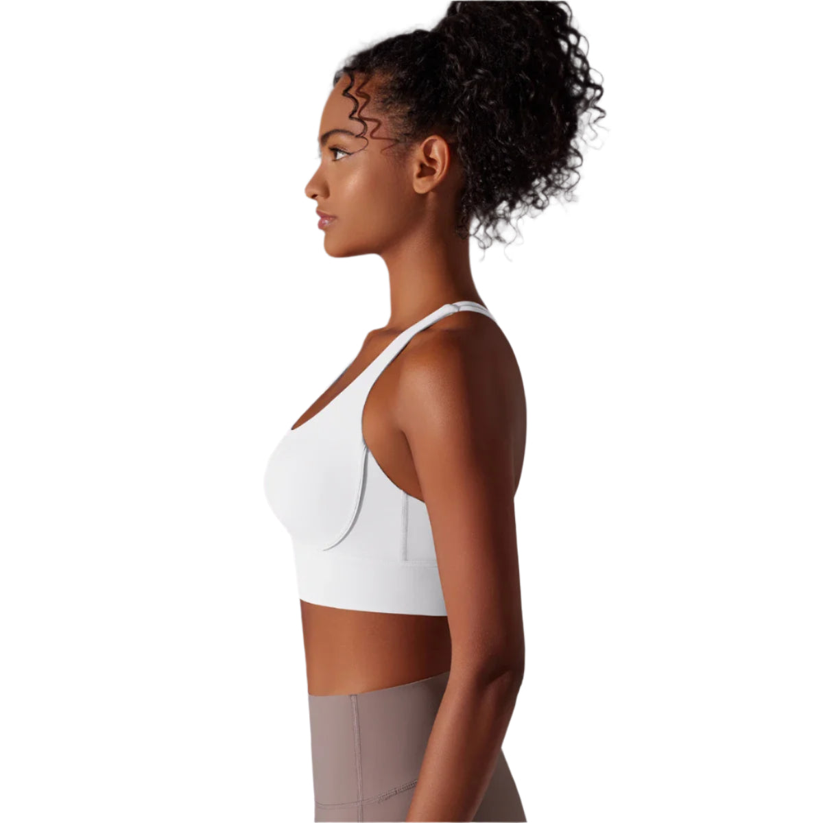 Xooie Fit criss-cross back sports bra in white designed for comfort and support during workouts