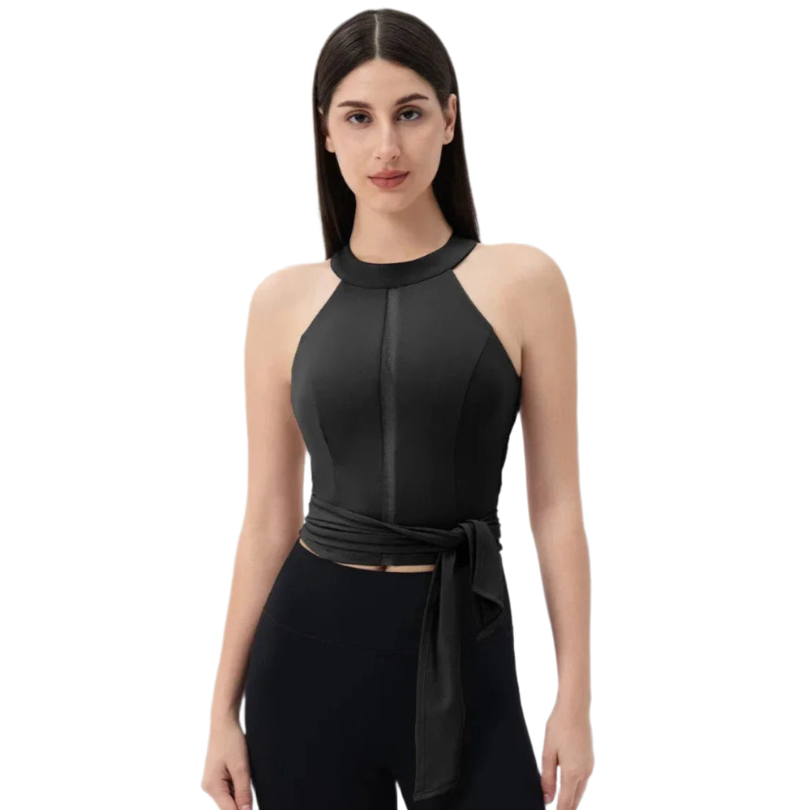 Xooie Fit Fitted Workout Top for Women in Black with a Stylish Tie Detail