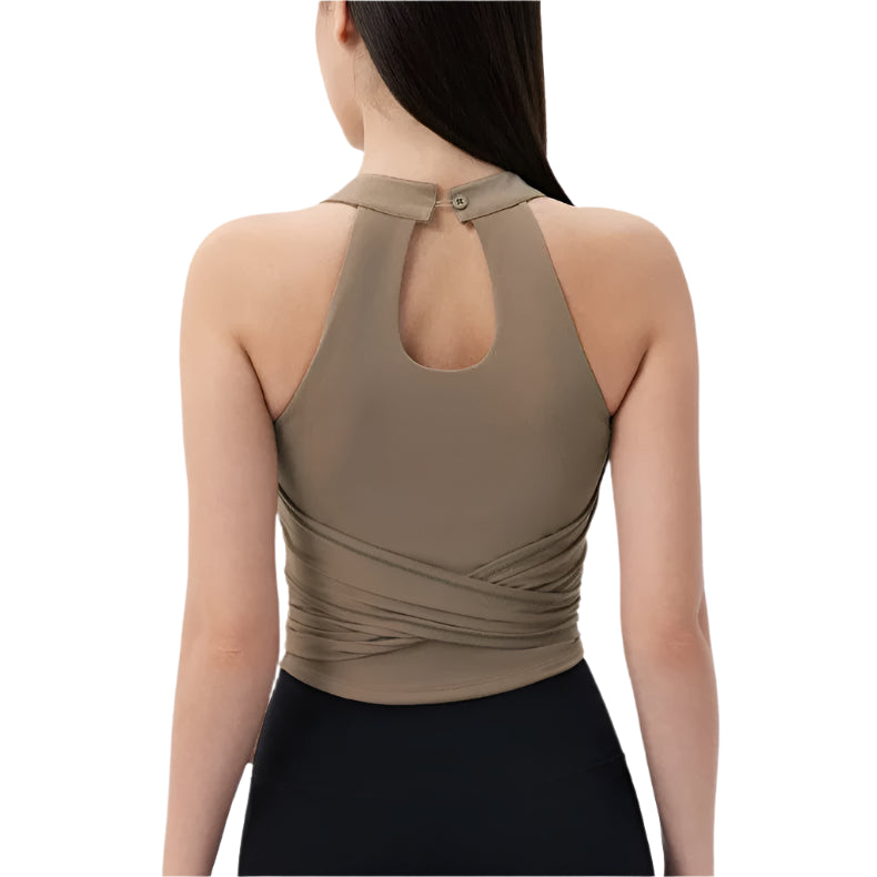 Back view of a Xooie Fit Fitted Workout Top for Women featuring a modern design and keyhole detail