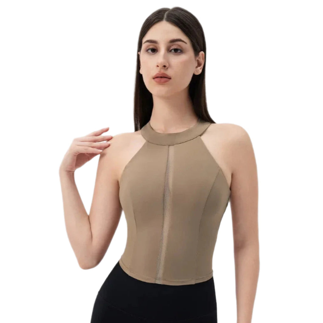 Xooie Fit Fitted Workout Top for Women in Beige with a stylish high neckline and sleek design