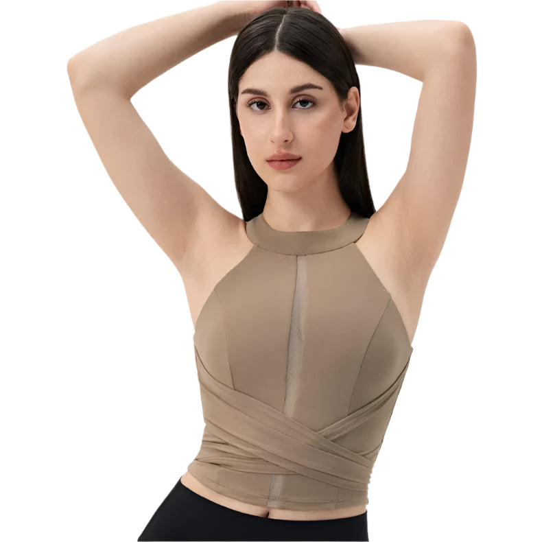 Xooie Fit Fitted Workout Top for Women in Beige with Stylish Cross-Detail Design