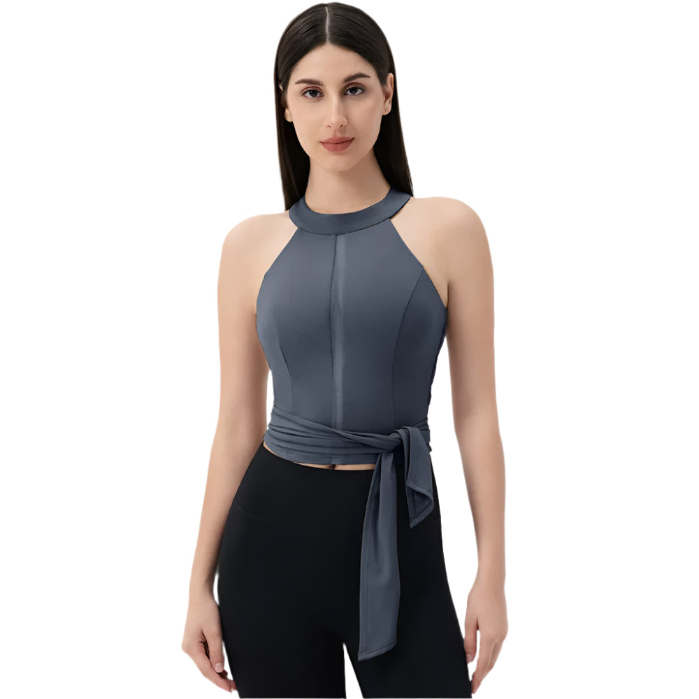Xooie Fit Fitted Workout Top for Women in Gray with Stylish Tie Detail and Sleeveless Design
