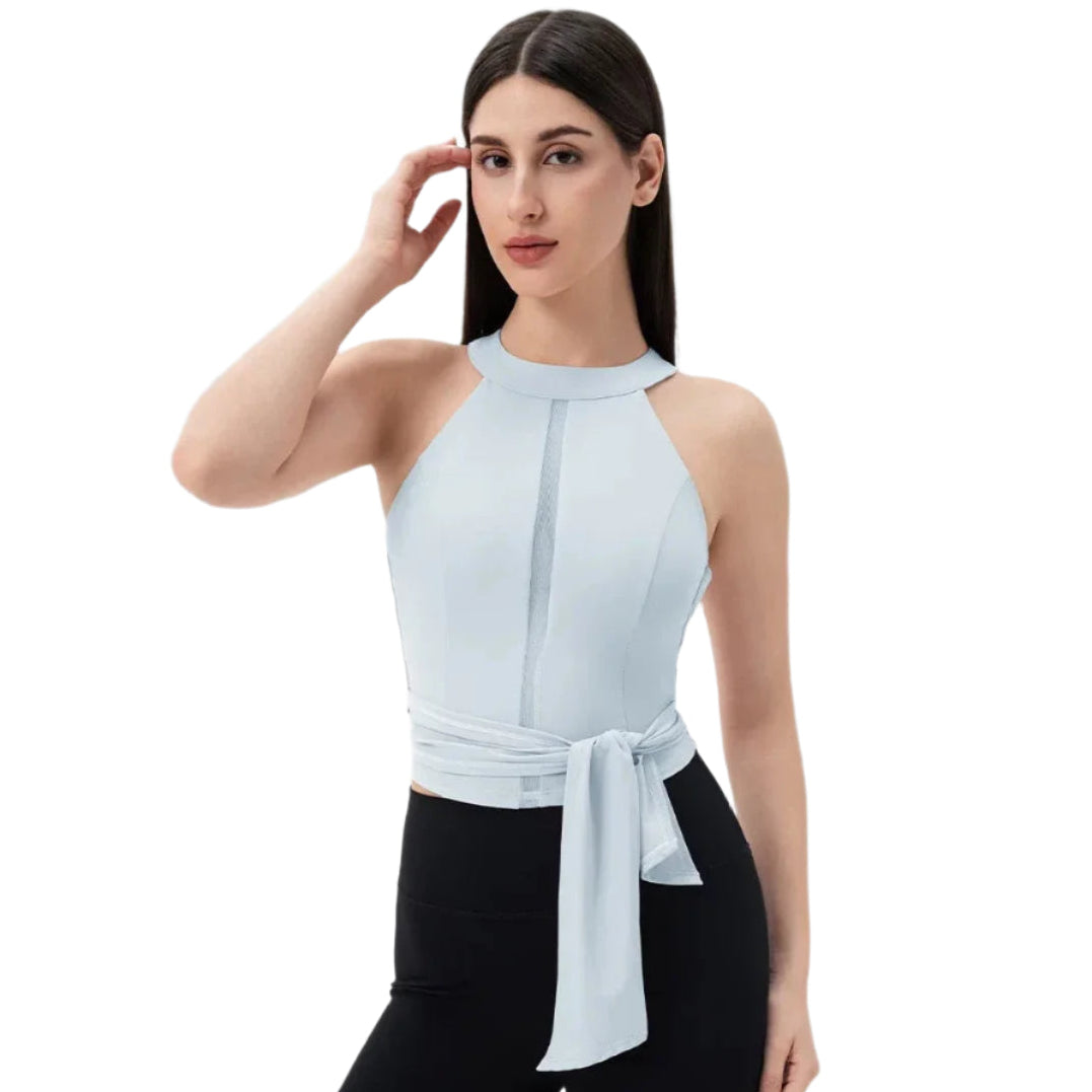 Light blue fitted workout top for women with stylish tie detail and a modern design