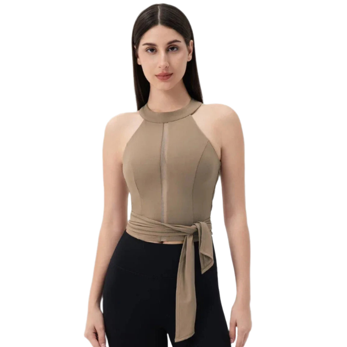 Xooie Fit Fitted Workout Top for Women in beige with a stylish tie detail and sleek design