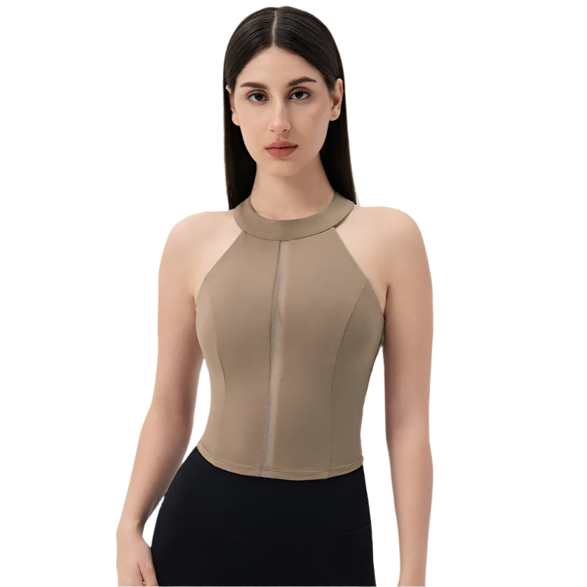 Xooie Fit Fitted Workout Top for Women in tan with a high neck and stylish design for activewear