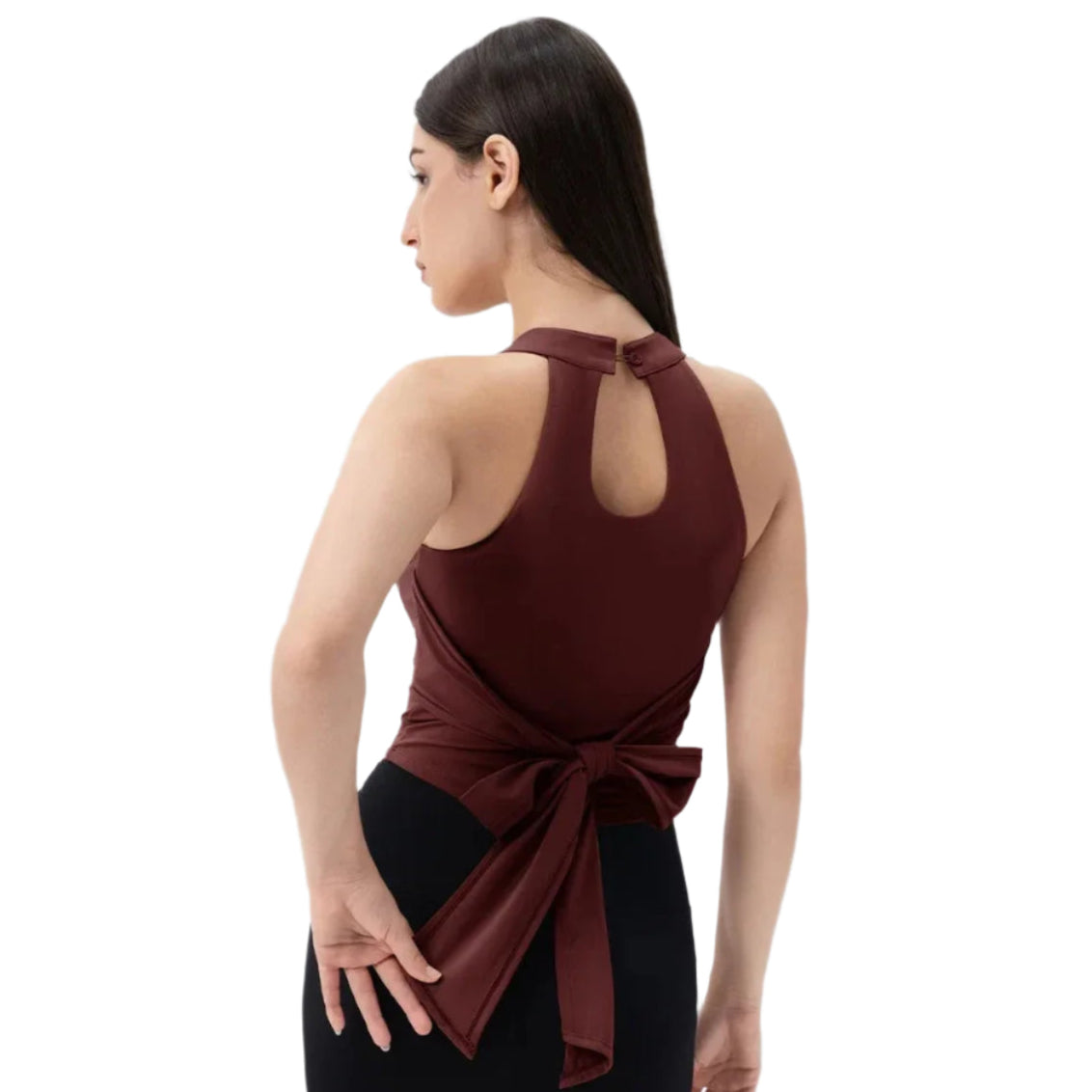 Xooie Fit Fitted Workout Top for Women in Burgundy with Back Tie Detail