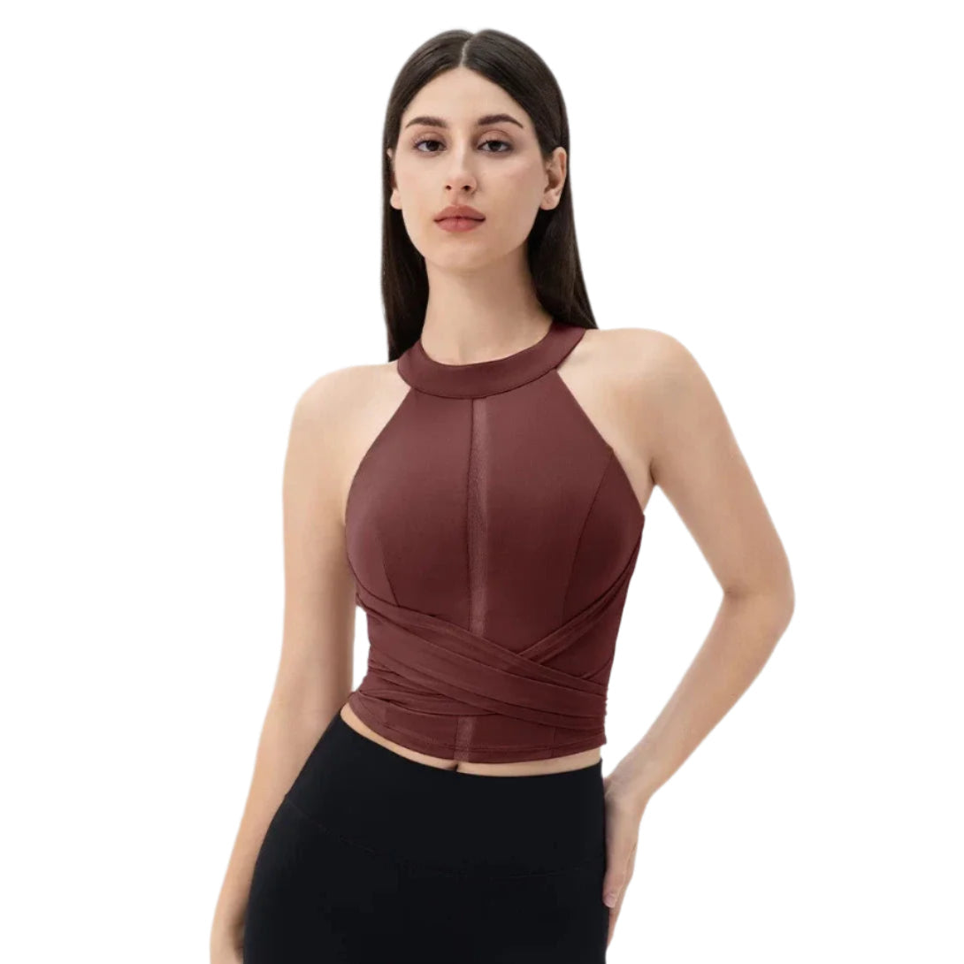 Xooie Fit Fitted Workout Top for Women in Burgundy with a stylish halter neckline
