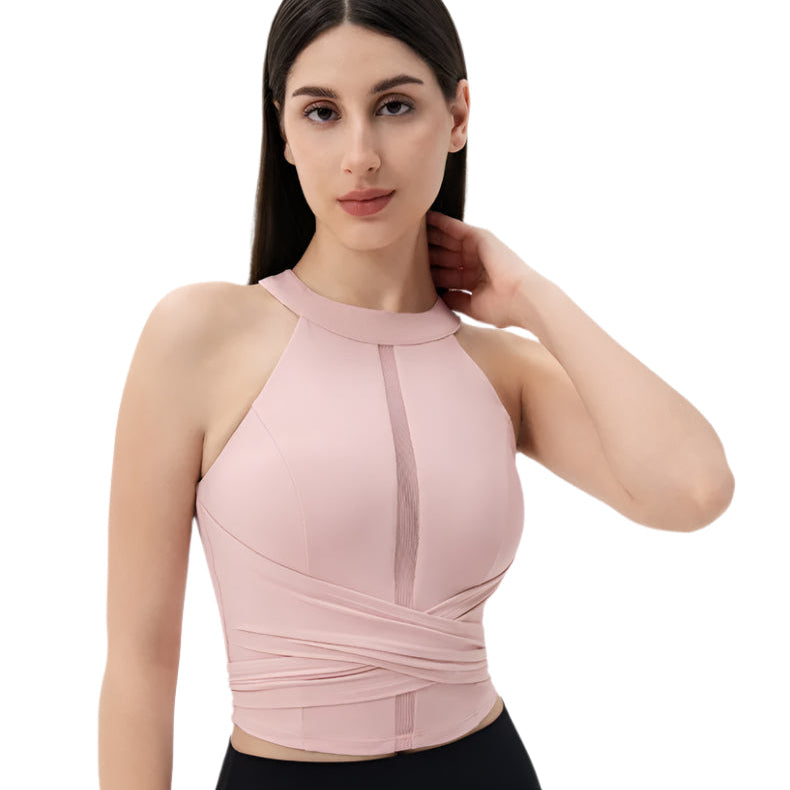 Xooie Fit Fitted Workout Top for Women in Soft Pink with Stylish Cross-Over Design