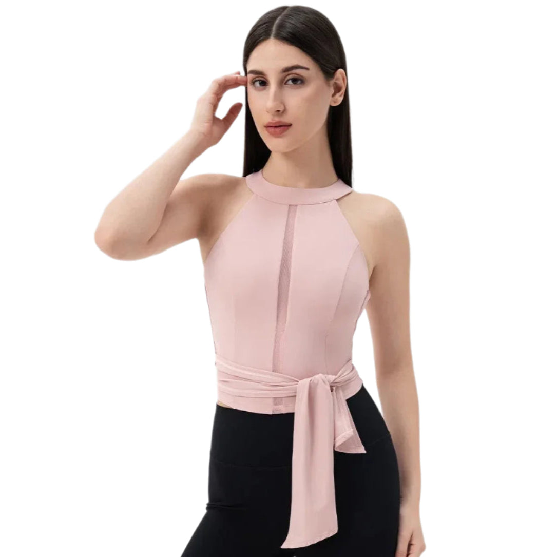 Xooie Fit Fitted Workout Top for Women in Soft Pink with Stylish Tie Detail