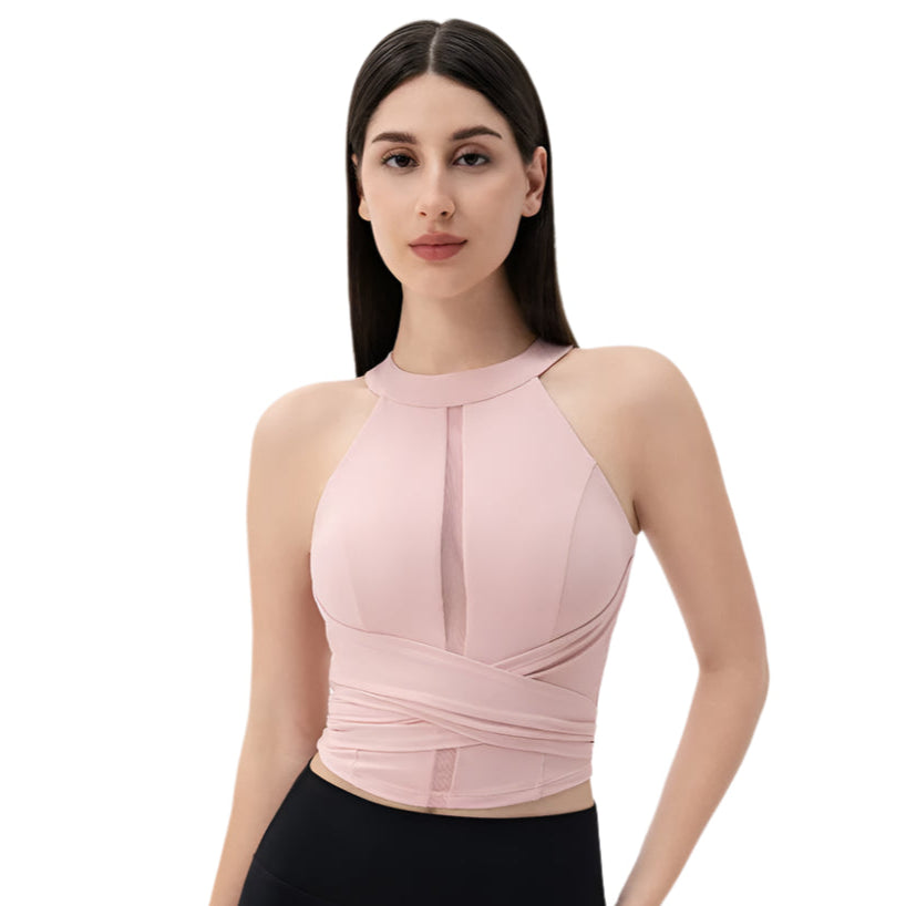 Xooie Fit Fitted Workout Top for Women in Light Pink with Stylish Cross-Over Design