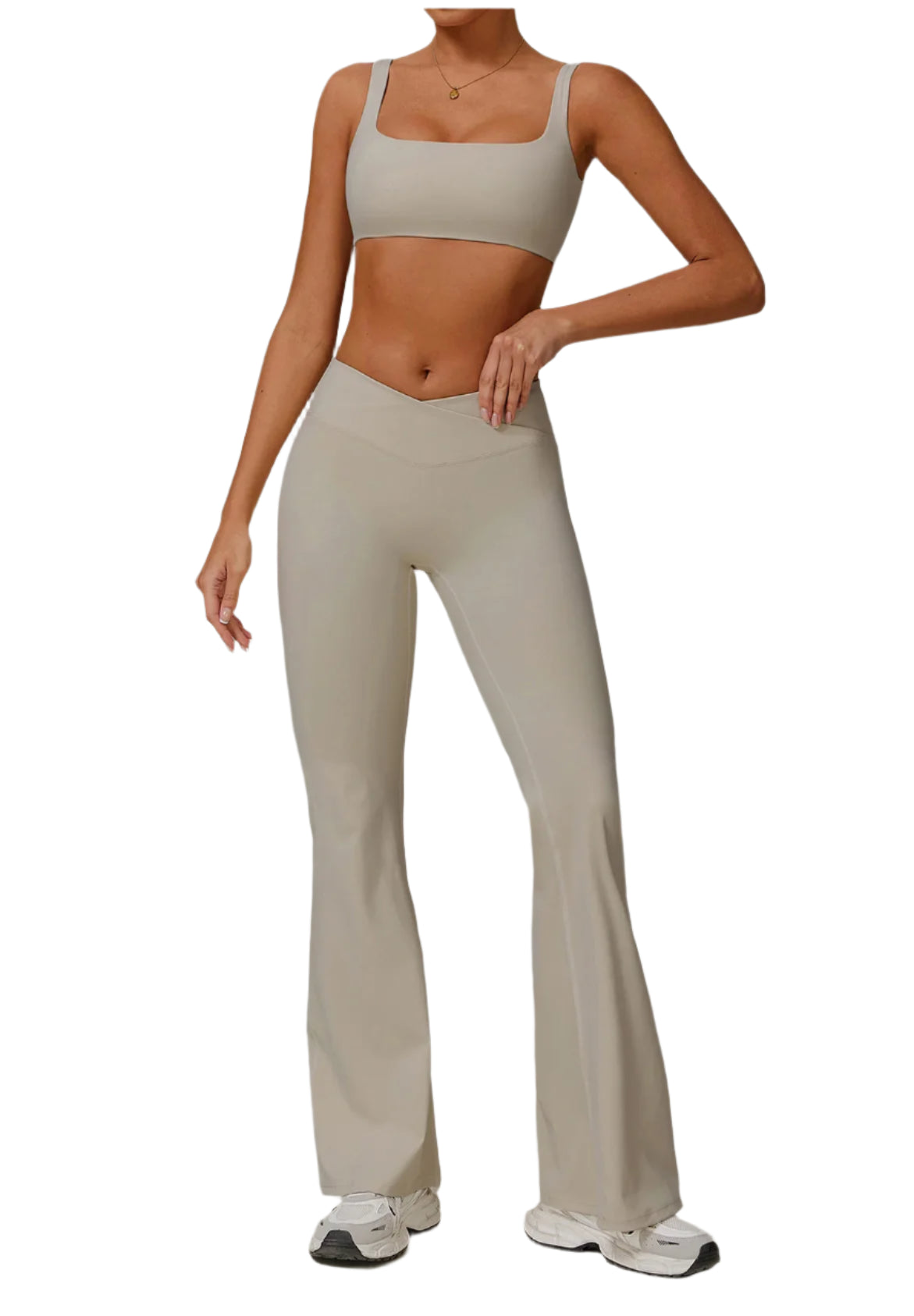 Xooie Fit beige flare pants and bra workout outfit for comfortable exercise and fitness activities