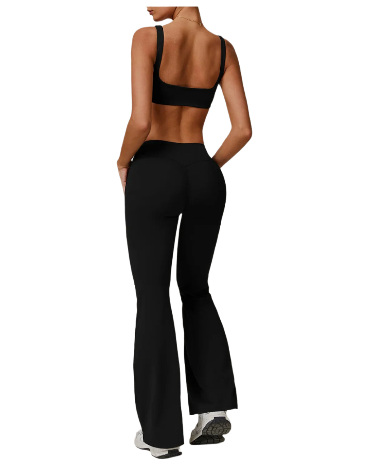 Black Xooie Fit flare pants and bra workout outfit for stylish fitness enthusiasts