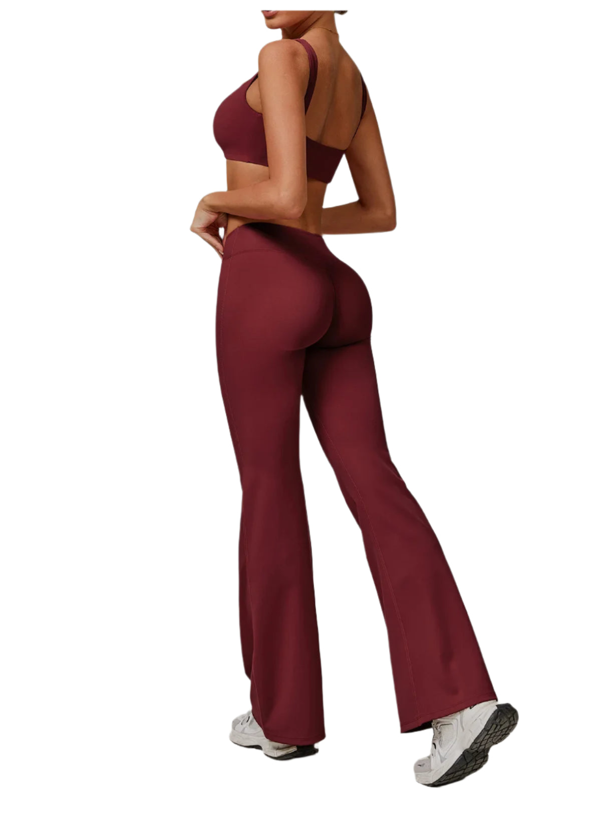 Xooie Fit Flare Pants and Bra Workout Outfit in Burgundy for Comfortable Exercise