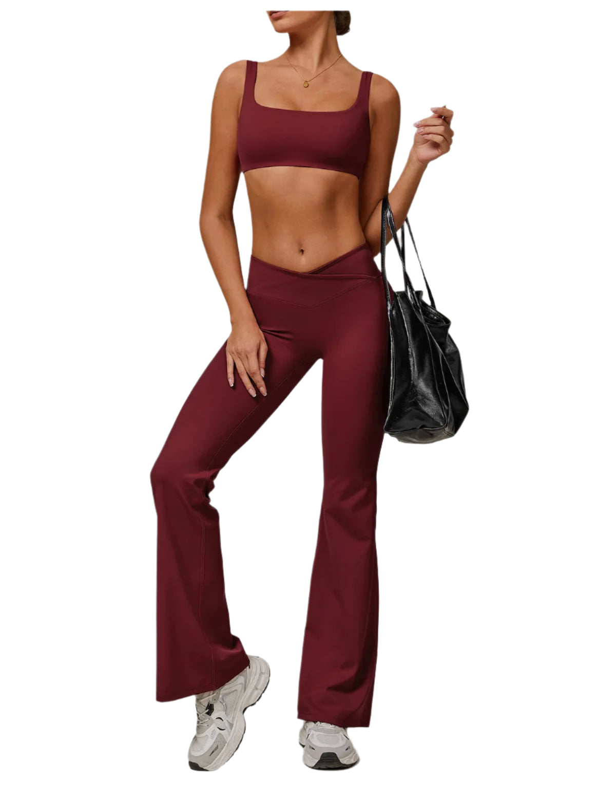 Burgundy Xooie Fit flare pants and bra workout outfit with a stylish design for activewear enthusiasts