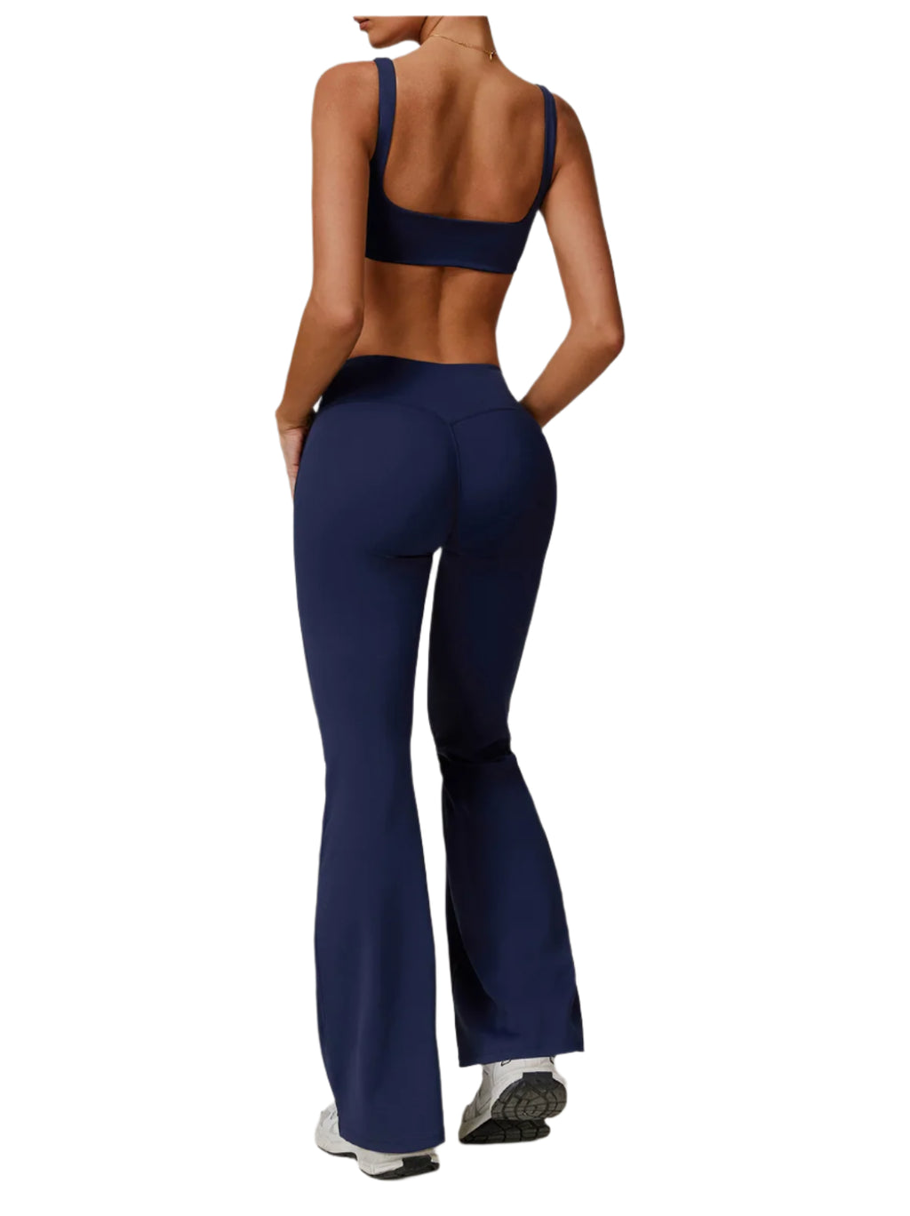 Navy Xooie Fit flare pants and bra workout outfit designed for comfort and style during exercise