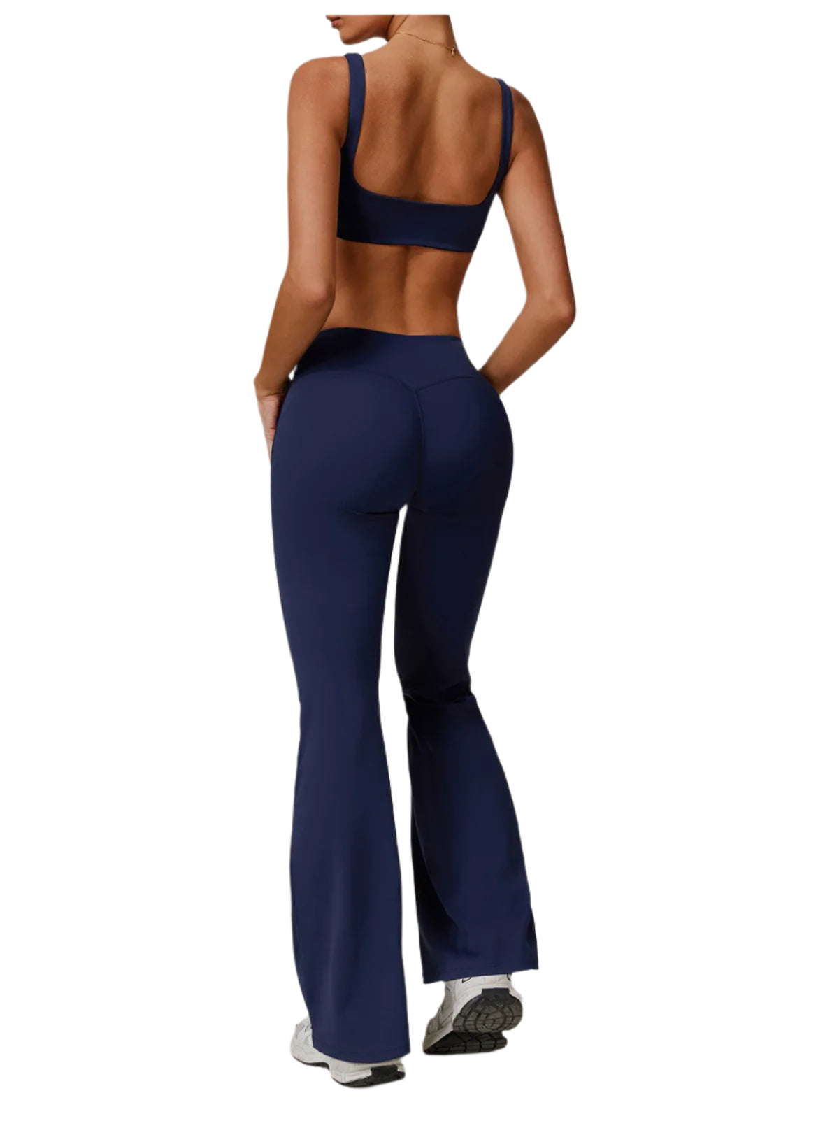 Navy Xooie Fit flare pants and bra workout outfit designed for comfort and style during exercise
