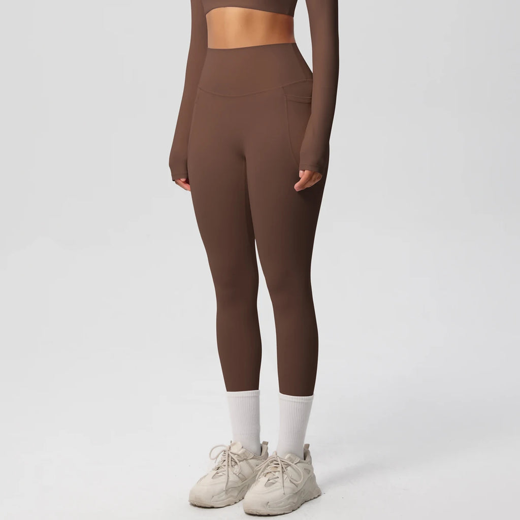 Xooie Fit high intensity pocket leggings in brown for comfort during workouts