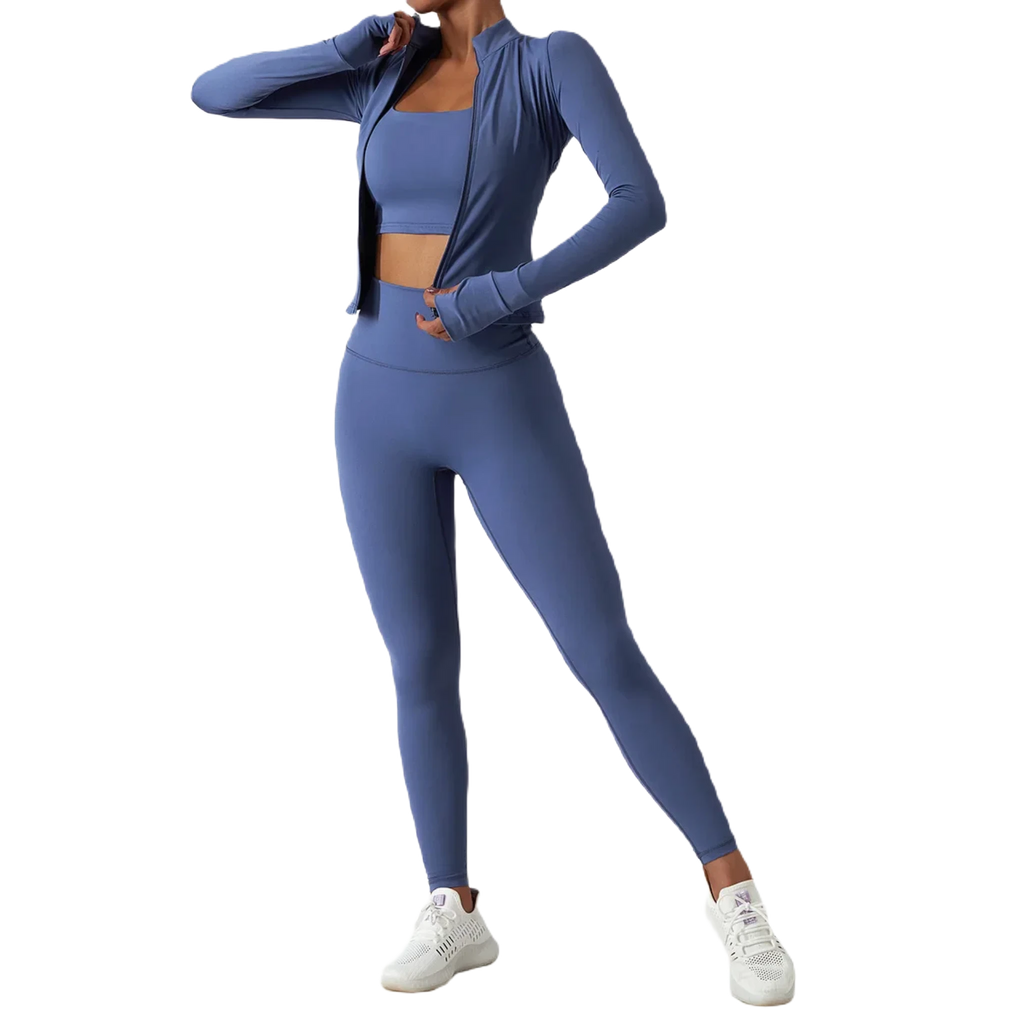 Xooie Fit high waist active leggings in blue paired with a matching crop top and jacket for workout comfort