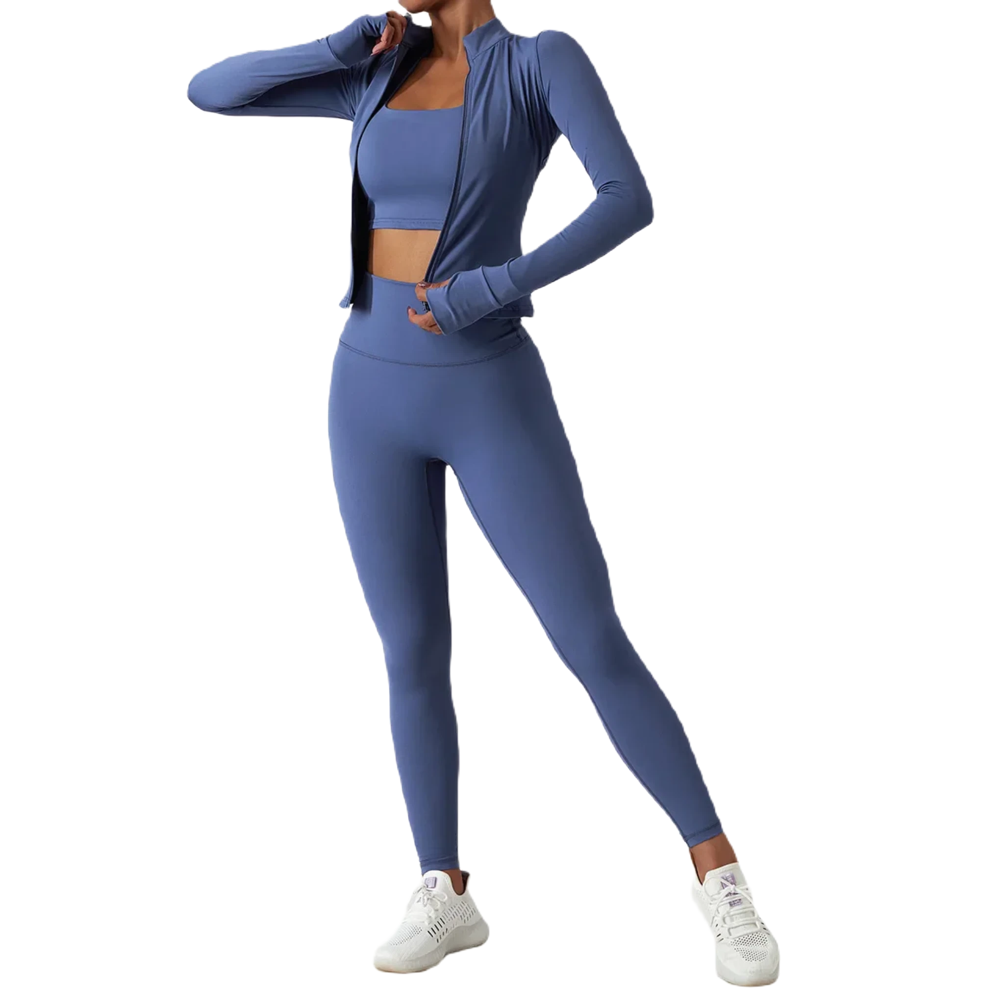 Xooie Fit high waist active leggings in blue paired with a matching crop top and jacket for workout comfort