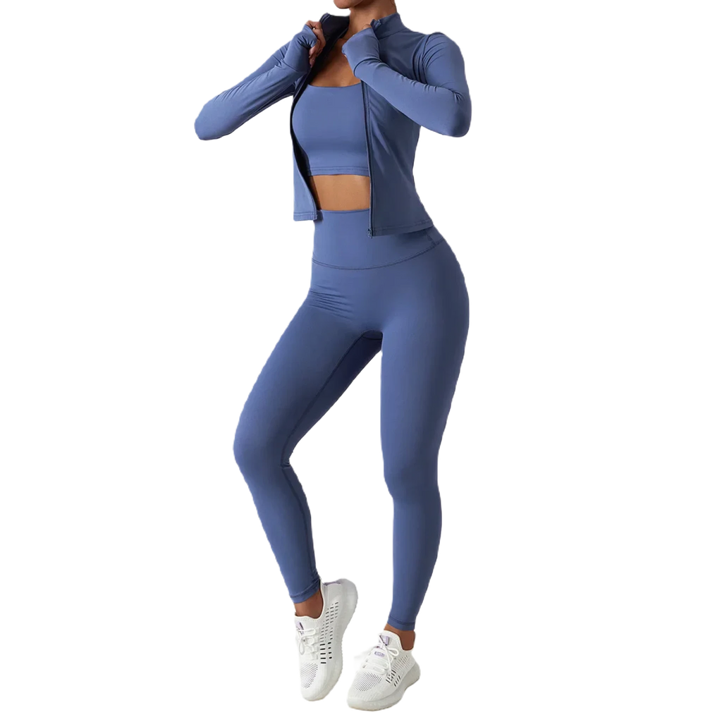 Xooie Fit high waist active leggings in blue paired with a matching crop top and jacket for workouts