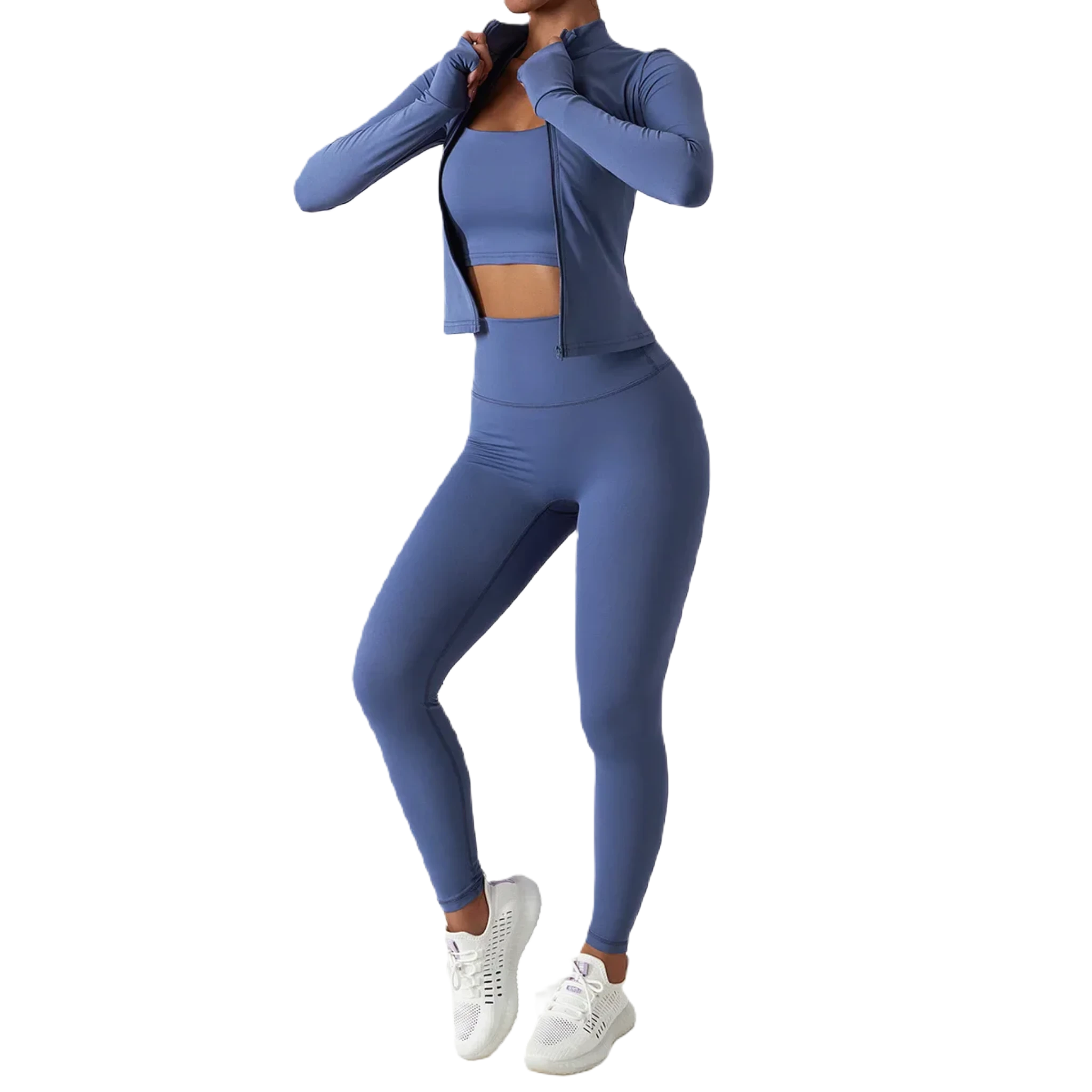 Xooie Fit high waist active leggings in blue paired with a matching crop top and jacket for workouts