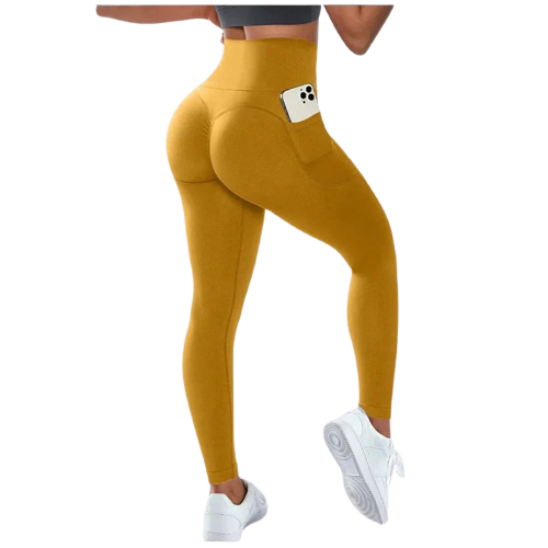 Xooie Fit high-waist leggings with pockets in mustard yellow for a stylish and functional workout