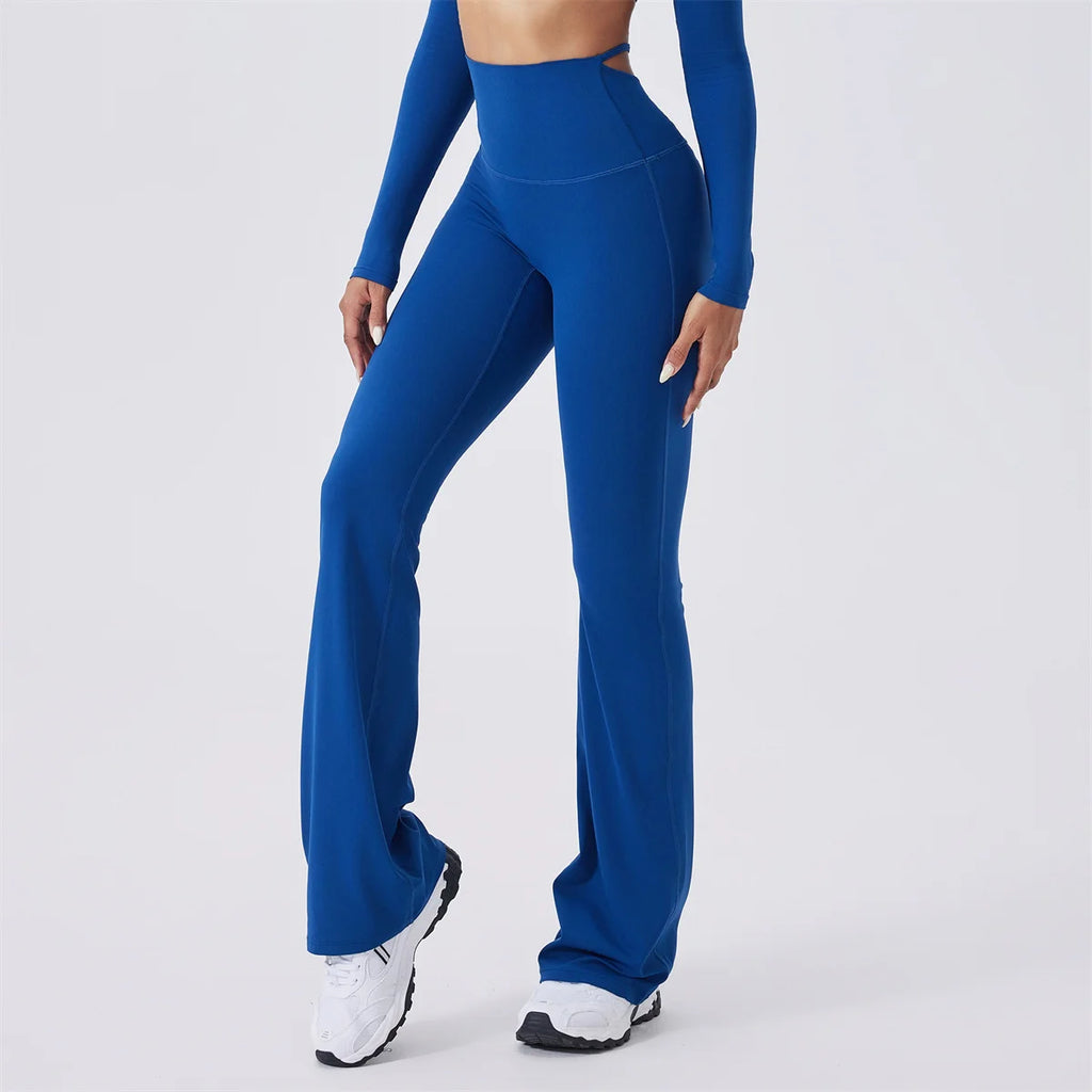 X-Back flared high-waist active pants in blue, close-up of flare
