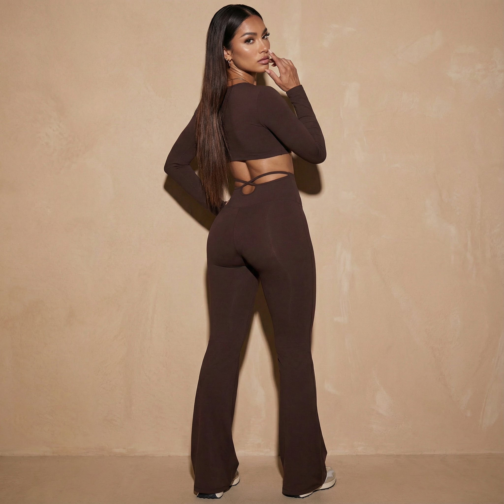 Xooie Fit high waisted flared active pants for women in brown with a stylish design and a comfortable fit