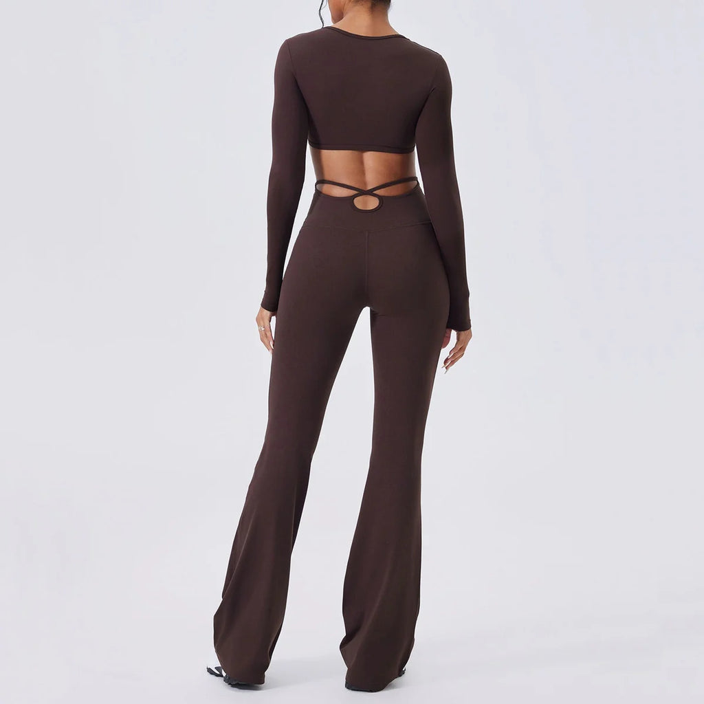 X-Back flared high-waist active pants in dark brown, full back view