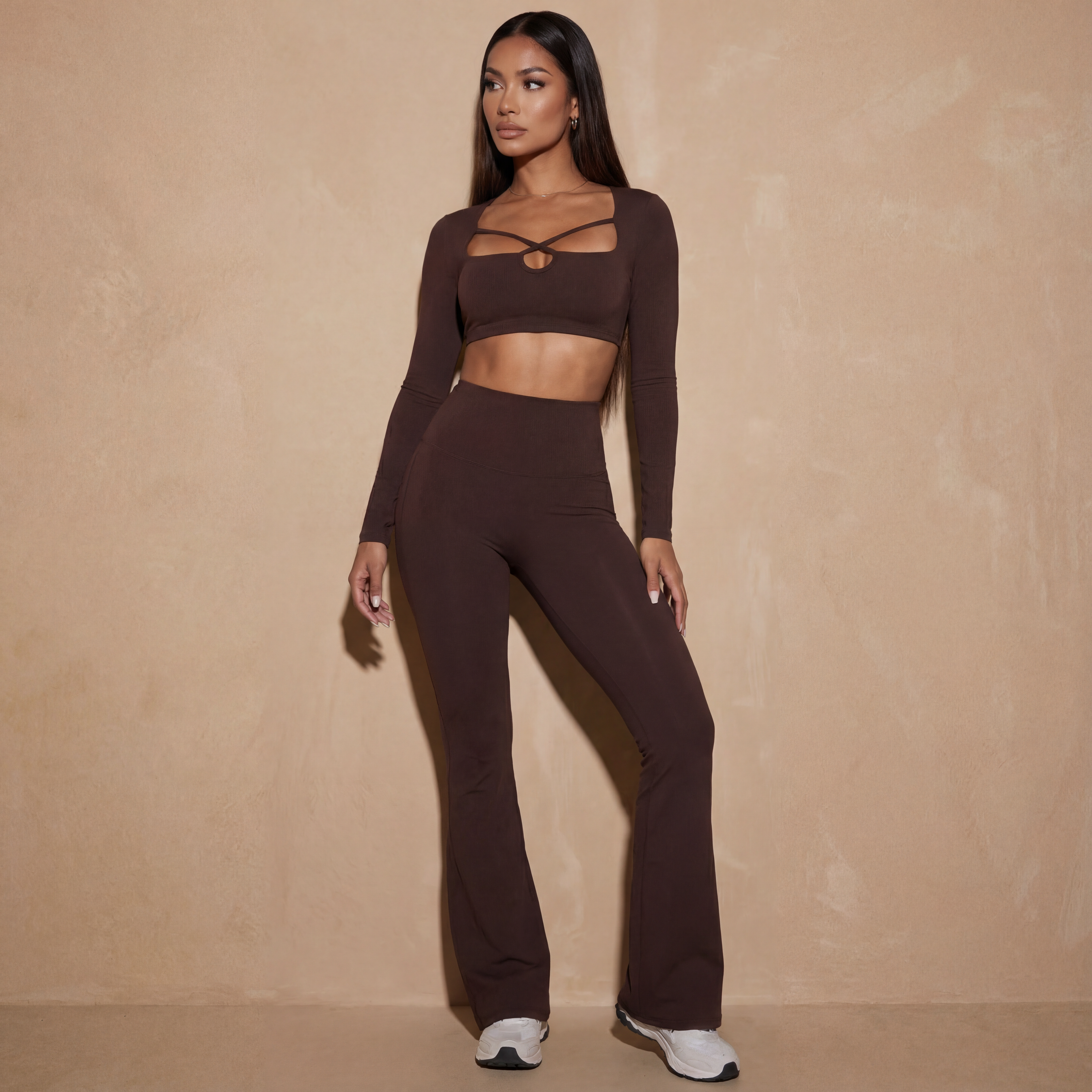 Xooie Fit High Waisted Flared Active Pants for Women in Brown, styled with a matching cropped top