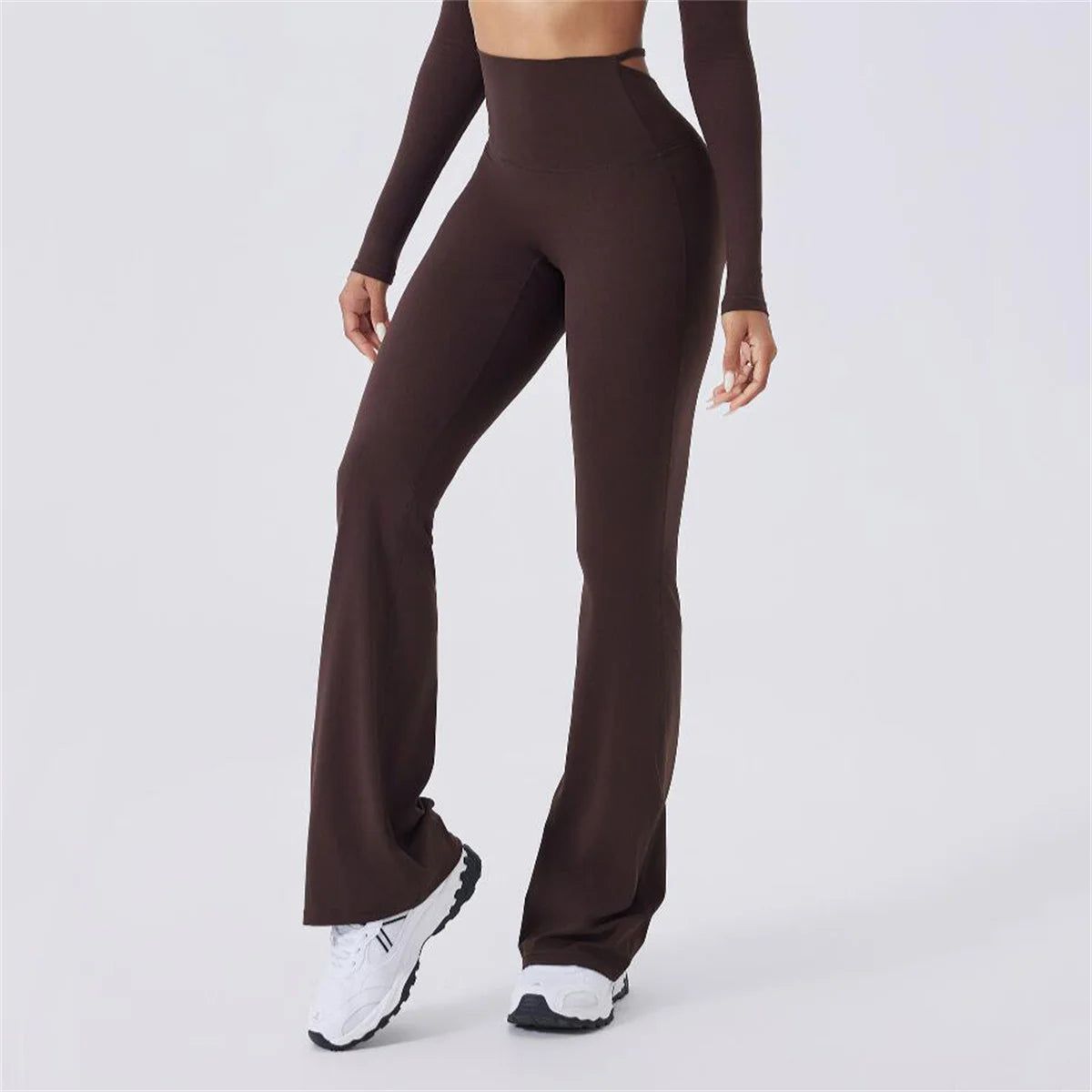 X-Back flared high-waist active pants in dark brown, front leg view