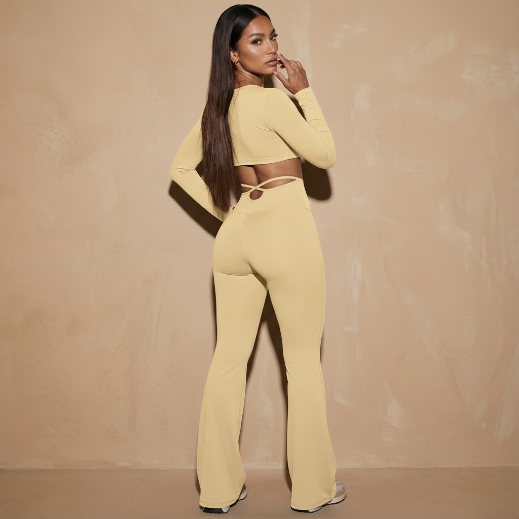 Goose Yellow flared high-waisted active pants with X-back style waist cutout