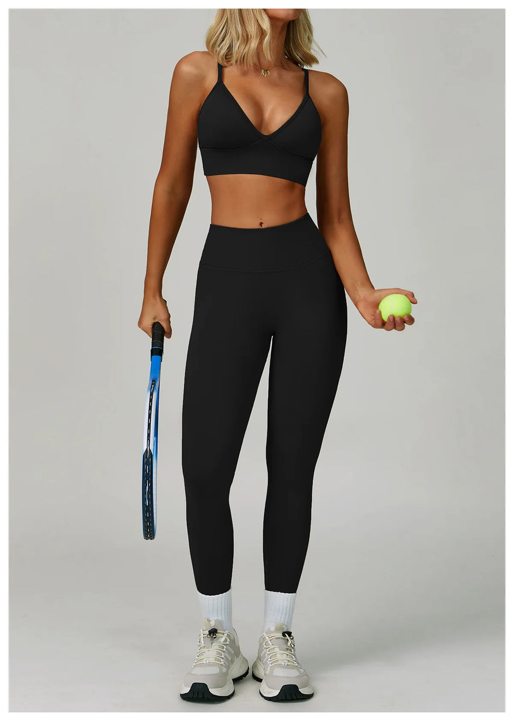 Xooie Fit high waisted leggings and sports bra set in black for active women with tennis equipment