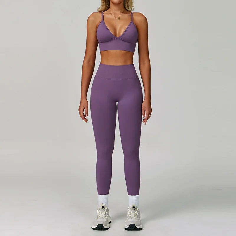 Xooie Fit high waisted leggings and sports bra set in purple for comfortable workouts