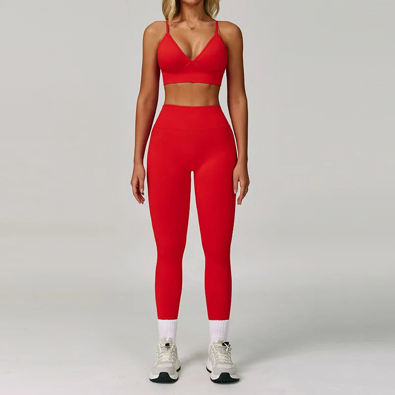 Xooie Fit high waisted leggings and sports bra set in vibrant red for active lifestyle