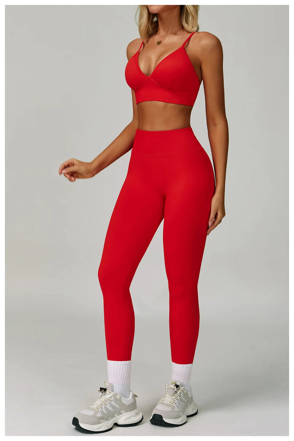 Xooie Fit red high waisted leggings and sports bra set for comfortable workouts
