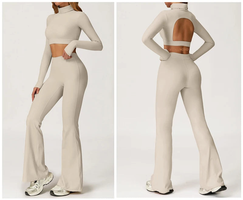 Xooie Fit long sleeve backless top and flare pants set in beige for stylish and comfortable outfits