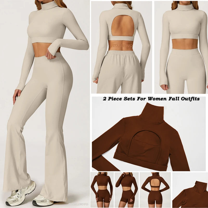 Xooie Fit long sleeve backless top and flare pants set in beige for stylish fall outfits