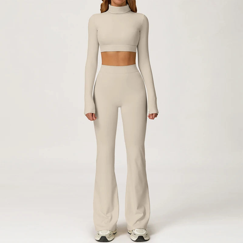 Yes, Hunny | Long Sleeve Backless Turtle Neck + High Waisted Flare Leggings Matching Set