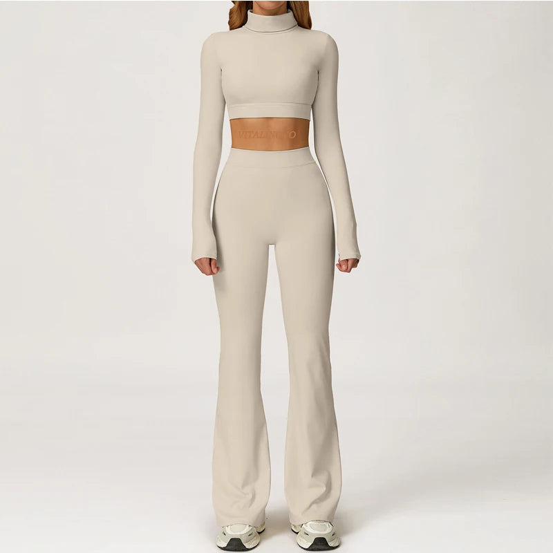 Xooie Fit long sleeve backless top and flare pants set in beige for a trendy, stylish look