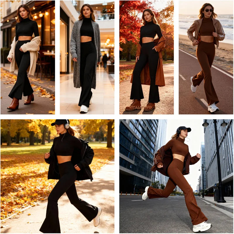 Xooie Fit long sleeve backless top and flare pants set showcased in stylish outdoor settings